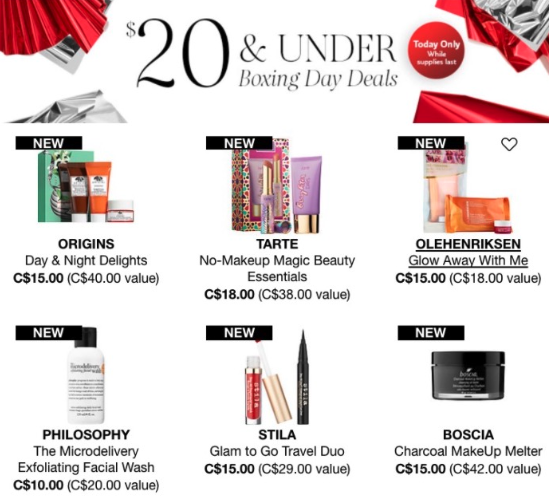 $20 & under Boxing Day Deals poster from Sephora 